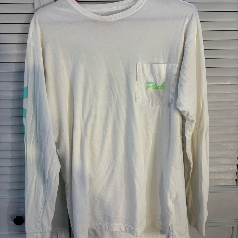 Victoria's Secret PINK White Long Sleeve Tee with green and blue